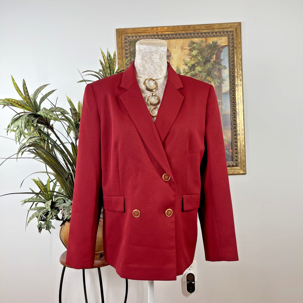 NYP Suits Womens Blazer Size 12 Red Double Breasted Gold Buttons Career Jacket